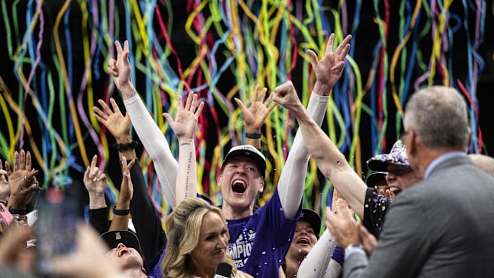 Mar 9, 2025; Kansas City, MO, USA; TCU Horned Frogs center Sedona Prince (13) celebrates after defeating the Baylor Lady Bears at T-Mobile Center. Mandatory Credit: Amy Kontras-Imagn Images