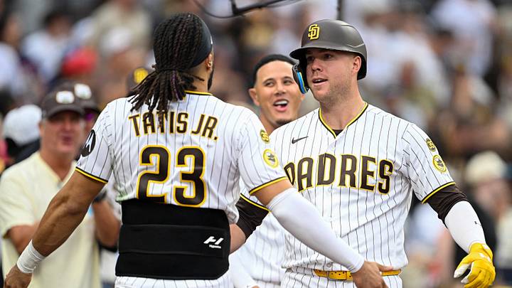 Jun 27, 2026; San Diego, California, USA; San Diego Padres first baseman Gavin Sheets (30) is congratulated by right fielder Fernando Tatis Jr. (23) after hitting a solo home run during the fifth inning against the Los Angeles Dodgers at Petco Park. Mandatory Credit: Denis Poroy-Imagn Images Jun 27, 2026; San Diego, California, USA; San Diego Padres first baseman Gavin Sheets (30) is congratulated by right fielder Fernando Tatis Jr. (23) after hitting a solo home run during the fifth inning against the Los Angeles Dodgers at Petco Park. Mandatory Credit: Denis Poroy-Imagn Images