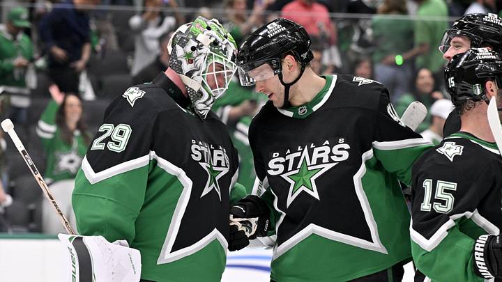 Apr 20, 2026; Dallas, Texas, USA; Dallas Stars goaltender Jake Oettinger (29) and right wing Mikko Rantanen (96) celebrate the win over the Minnesota Wild in game two of the first round of the 2026 Stanley Cup Playoffs at American Airlines Center. Mandatory Credit: Jerome Miron-Imagn Images Apr 20, 2026; Dallas, Texas, USA; Dallas Stars goaltender Jake Oettinger (29) and right wing Mikko Rantanen (96) celebrate the win over the Minnesota Wild in game two of the first round of the 2026 Stanley Cup Playoffs at American Airlines Center. Mandatory Credit: Jerome Miron-Imagn Images