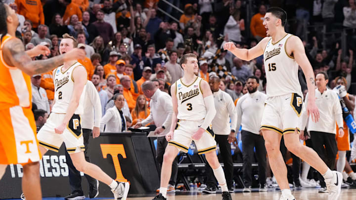 Purdue Boilermakers guard Fletcher Loyer (2), Purdue Boilermakers guard Braden Smith (3) and Purdue