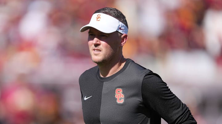 Aug 30, 2025; Los Angeles, California, USA; Southern California Trojans head coach Lincoln Riley reacts during the game against the Missouri State Bears at United Airlines Field at Los Angeles Memorial Coliseum. Mandatory Credit: Kirby Lee-Imagn Images