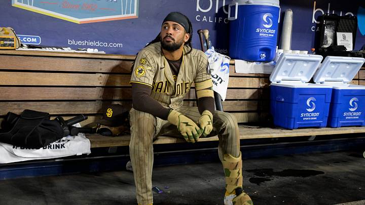 Sep 23, 2026; Los Angeles, California, USA; San Diego Padres right fielder Fernando Tatis Jr. (23) looks on from the dugout against the Los Angeles Dodgers at Dodger Stadium. Mandatory Credit: Jayne Kamin-Oncea-Imagn Images Sep 23, 2026; Los Angeles, California, USA; San Diego Padres right fielder Fernando Tatis Jr. (23) looks on from the dugout against the Los Angeles Dodgers at Dodger Stadium. Mandatory Credit: Jayne Kamin-Oncea-Imagn Images