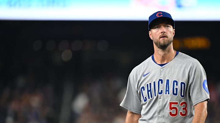 Jun 5, 2025; Washington, District of Columbia, USA; Chicago Cubs starting pitcher Colin Rea (53) walks back to the dugout after being pulled during the seventh inning against the Washington Nationals at Nationals Park. 
