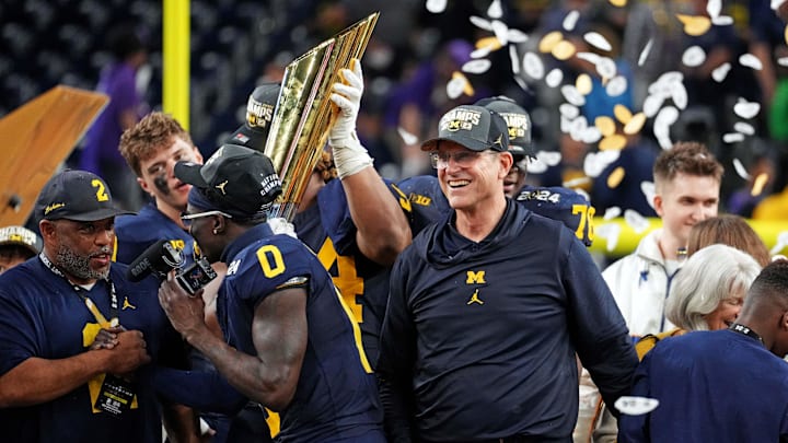 Jan 8, 2024; Houston, TX, USA; Michigan Wolverines head coach Jim Harbaugh celebrates with the CFP