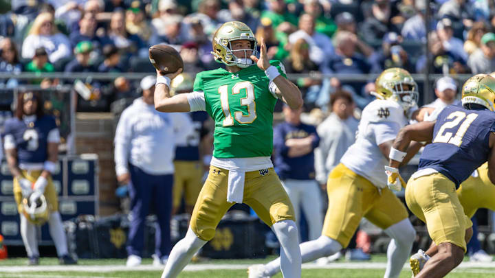 Apr 12, 2025; Notre Dame, IN, USA; Notre Dame Fighting Irish quarterback CJ Carr (13) throws a pass during the Blue-Gold game at Notre Dame Stadium. Mandatory Credit: Michael Caterina-Imagn Images