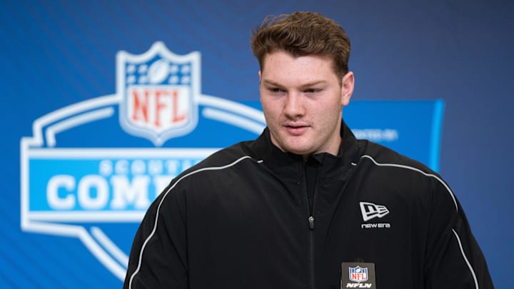 Feb 28, 2026; Indianapolis, IN, USA; Auburn offensive lineman Connor Lew (OL32) speaks to members of the media during the NFL Combine at the Indiana Convention Center. Mandatory Credit: Jacob Musselman-Imagn Images