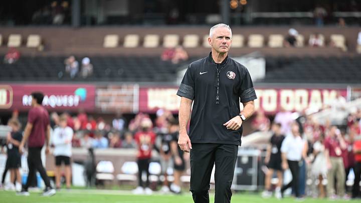 Aug 29, 2026; Tallahassee, Florida, USA;  Florida State head coach Mike Norvell walks on the field prior to a game against New Mexico State at Doak S. Campbell Stadium.  Mandatory Credit: Melina Myers-Imagn Images