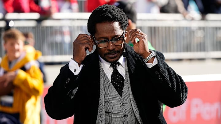 Desmond Howard prepares to broadcast from the field on the ESPN College Gameday set prior to the NCAA football game between the Penn State Nittany Lions and the Ohio State Buckeyes at Beaver Stadium in University Park, Pa. on Saturday, Nov. 2, 2024.