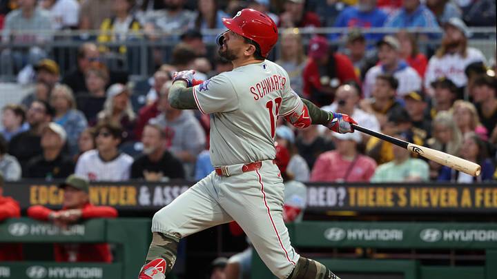 May 15, 2026; Pittsburgh, Pennsylvania, USA; Philadelphia Phillies designated hitter Kyle Schwarber (12) hits a two run home run against the Pittsburgh Pirates during the fifth inning at PNC Park. Mandatory Credit: Charles LeClaire-Imagn Images May 15, 2026; Pittsburgh, Pennsylvania, USA; Philadelphia Phillies designated hitter Kyle Schwarber (12) hits a two run home run against the Pittsburgh Pirates during the fifth inning at PNC Park. Mandatory Credit: Charles LeClaire-Imagn Images