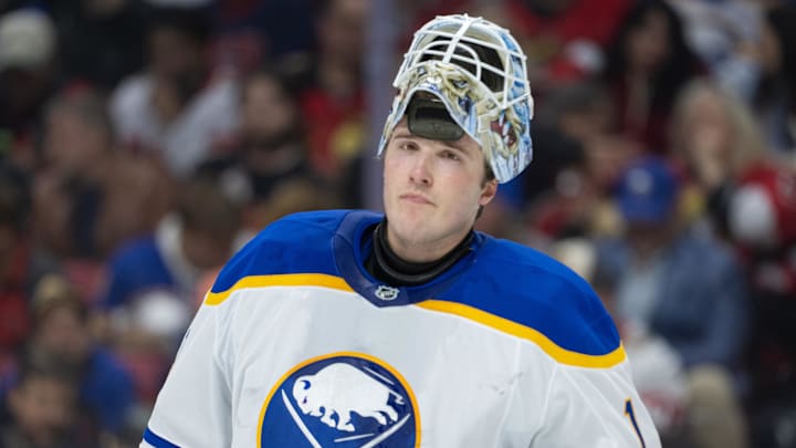 Apr 2, 2026; Ottawa, Ontario, CAN; Buffalo Sabres goalie Ukko-Pekka Luukkonen (1) skates in the first period against the Ottawa Senators at the Canadian Tire Centre. Mandatory Credit: Marc DesRosiers-IMAGN Images