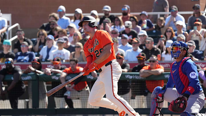 Feb 22, 2026; Scottsdale, Arizona, USA; San Francisco Giants third baseman Matt Chapman (26) hits a double against the Chicago Cubs in the first inning at Scottsdale Stadium. Mandatory Credit: Rick Scuteri-Imagn Images Feb 22, 2026; Scottsdale, Arizona, USA; San Francisco Giants third baseman Matt Chapman (26) hits a double against the Chicago Cubs in the first inning at Scottsdale Stadium. Mandatory Credit: Rick Scuteri-Imagn Images