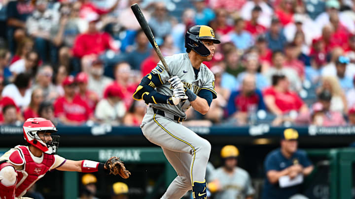 Jun 5, 2024; Philadelphia, Pennsylvania, USA; Milwaukee Brewers outfielder Christian Yelich (22) bats against the Philadelphia Phillies in the seventh inning at Citizens Bank Park.