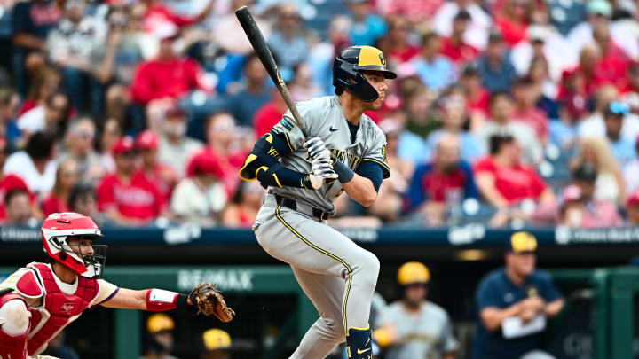 Jun 5, 2024; Philadelphia, Pennsylvania, USA; Milwaukee Brewers outfielder Christian Yelich (22) bats against the Philadelphia Phillies in the seventh inning at Citizens Bank Park. Mandatory Credit: Kyle Ross-USA TODAY Sports