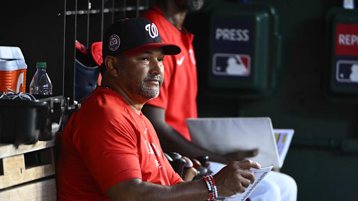 Washington Nationals manager Dave Martinez (4) in the dugout during the game against the Detroit Tigers at Nationals Park on July 3. 