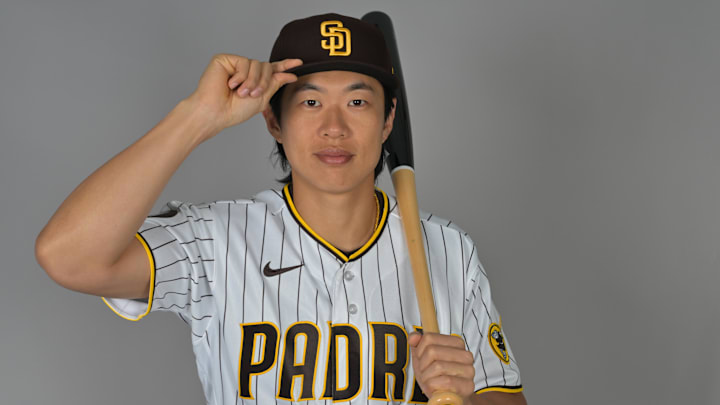 Feb 18, 2026; Peoria, AZ, USA;   San Diego Padres Sung-Mun Song (24) during spring training photo day. Mandatory Credit: Jayne Kamin-Oncea-Imagn Images