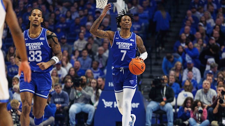 Nov 29, 2024; Lexington, Kentucky, USA; Georgia State Panthers forward Zarique Nutter (7) brings the ball up court during the first half against the Kentucky Wildcats at Rupp Arena at Central Bank Center. Mandatory Credit: Jordan Prather-Imagn Images