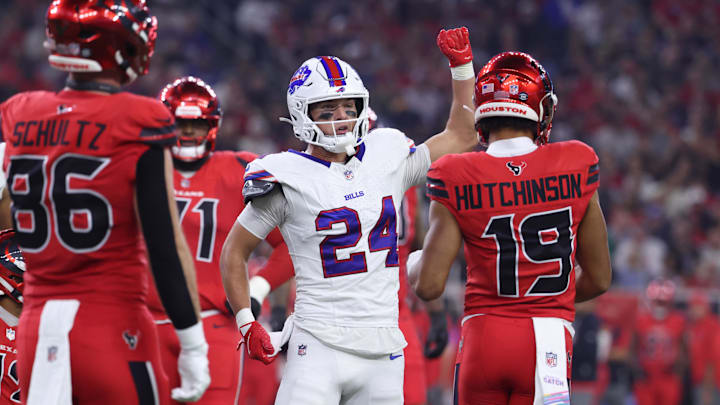 Nov 20, 2025; Houston, Texas, USA; Buffalo Bills safety Cole Bishop (24) reacts after a play against the Houston Texans in the second quarter at NRG Stadium. Mandatory Credit: Troy Taormina-Imagn Images