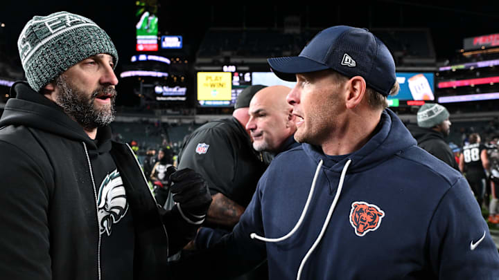 Nov 28, 2025; Philadelphia, Pennsylvania, USA; Philadelphia Eagles head coach Nick Sirianni speaks with Chicago Bears head coach Ben Johnson after the game at Lincoln Financial Field. Mandatory Credit: Eric Hartline-Imagn Images