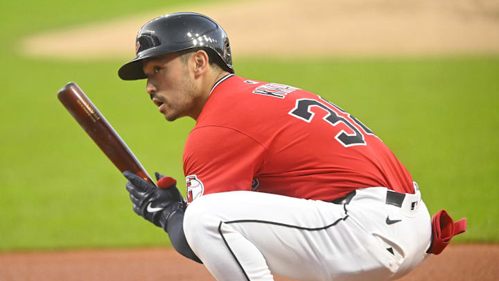 Sep 25, 2025; Cleveland, Ohio, USA; Cleveland Guardians left fielder Steven Kwan (38) stretches before batting in the first inning against the Detroit Tigers at Progressive Field. Mandatory Credit: David Richard-Imagn Images Sep 25, 2025; Cleveland, Ohio, USA; Cleveland Guardians left fielder Steven Kwan (38) stretches before batting in the first inning against the Detroit Tigers at Progressive Field. Mandatory Credit: David Richard-Imagn Images