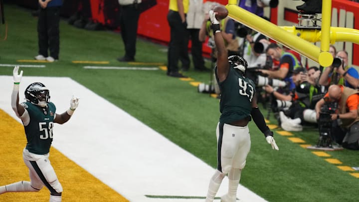 Feb 9, 2025; New Orleans, LA, USA; Philadelphia Eagles defensive tackle Milton Williams (93) reacts after causing a fumble against the Kansas City Chiefs during the fourth quarter in Super Bowl LIX at Caesars Superdome. Mandatory Credit: Kirby Lee-Imagn Images