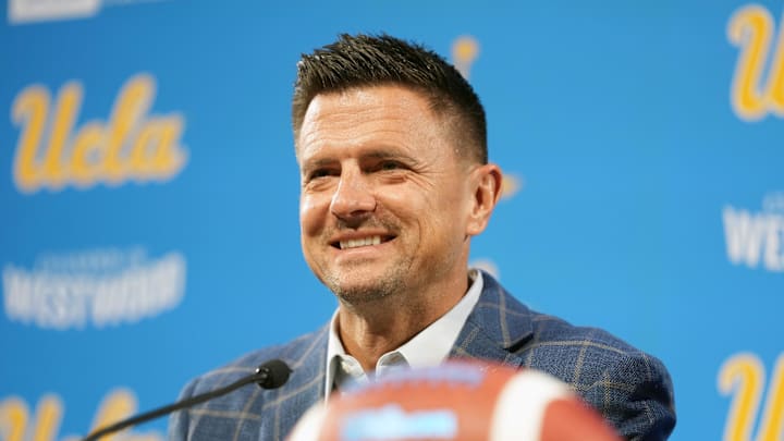 Dec 9, 2025; Los Angeles, CA, USA; Bob Chesney is introduced as UCLA Bruins football coach at press conference at Renee Luskin Conference Center Centennial Ballroom. Mandatory Credit: Kirby Lee-Imagn Images