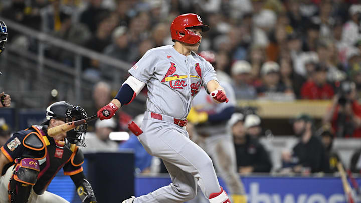 May 8, 2026; San Diego, California, USA; St. Louis Cardinals second baseman JJ Wetherholt (26) hits a RBI single during the fifth inning against the San Diego Padres at Petco Park. Mandatory Credit: Denis Poroy-Imagn Images