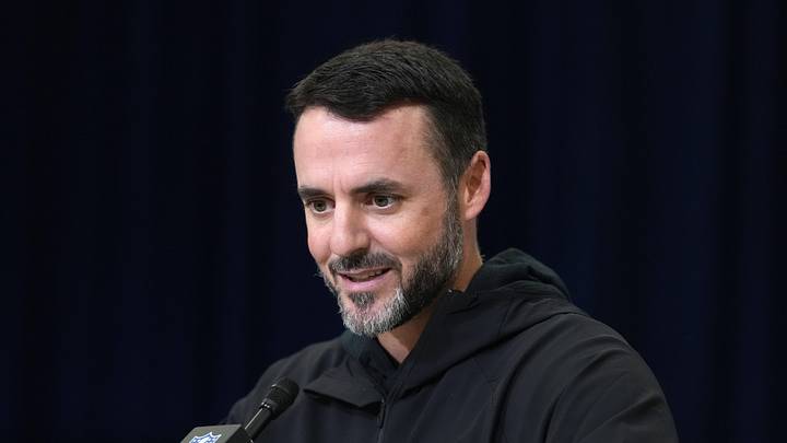 Feb 24, 2026; Indianapolis, IN, USA; Baltimore Ravens coach Jesse Minter speaks at the NFL Scouting Combine at the Indiana Convention Center. Mandatory Credit: Kirby Lee-Imagn Images