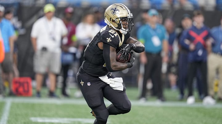 Sep 18, 2023; Charlotte, North Carolina, USA; New Orleans Saints running back Jamaal Williams (21)