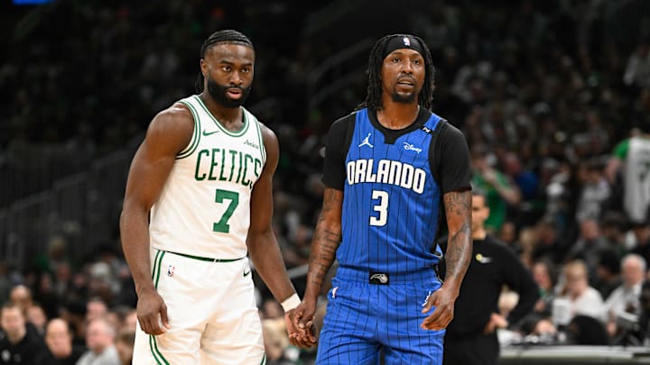 Jan 17, 2025; Boston, Massachusetts, USA; Boston Celtics guard Jaylen Brown (7) and Orlando Magic guard Kentavious Caldwell-Pope (3) wait on a free throw during the second half at TD Garden. Mandatory Credit: Eric Canha-Imagn Images Jan 17, 2025; Boston, Massachusetts, USA; Boston Celtics guard Jaylen Brown (7) and Orlando Magic guard Kentavious Caldwell-Pope (3) wait on a free throw during the second half at TD Garden. Mandatory Credit: Eric Canha-Imagn Images