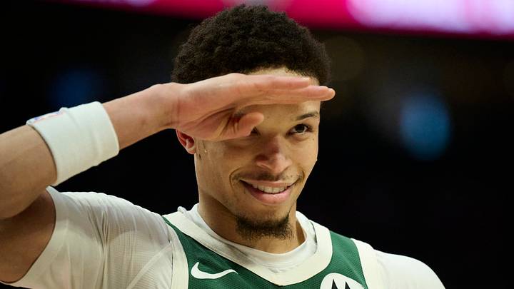 Milwaukee Bucks guard Ryan Rollins (13) salutes a fan during the first half against the Portland Trail Blazers at Moda Center on March 25, 2026.