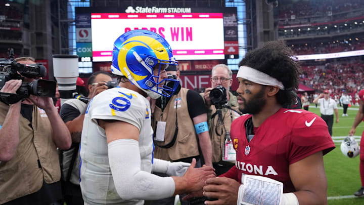 Sep 15, 2024; Glendale, Arizona, USA; Los Angeles Rams quarterback Matthew Stafford (9) and Arizona Cardinals quarterback Kyler Murray (1) shake hands after the game at State Farm Stadium. Mandatory Credit: Joe Camporeale-Imagn Images Sep 15, 2024; Glendale, Arizona, USA; Los Angeles Rams quarterback Matthew Stafford (9) and Arizona Cardinals quarterback Kyler Murray (1) shake hands after the game at State Farm Stadium. Mandatory Credit: Joe Camporeale-Imagn Images