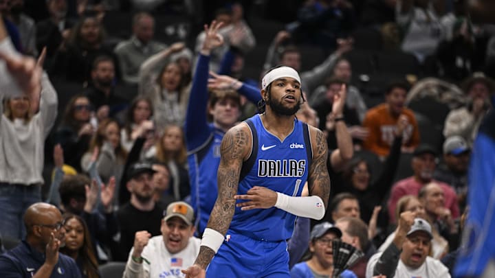 Jan 9, 2025; Dallas, Texas, USA; Dallas Mavericks guard Jaden Hardy (1) celebrates after he makes a three point basket against the Portland Trail Blazers during the second half at the American Airlines Center. Mandatory Credit: Jerome Miron-Imagn Images