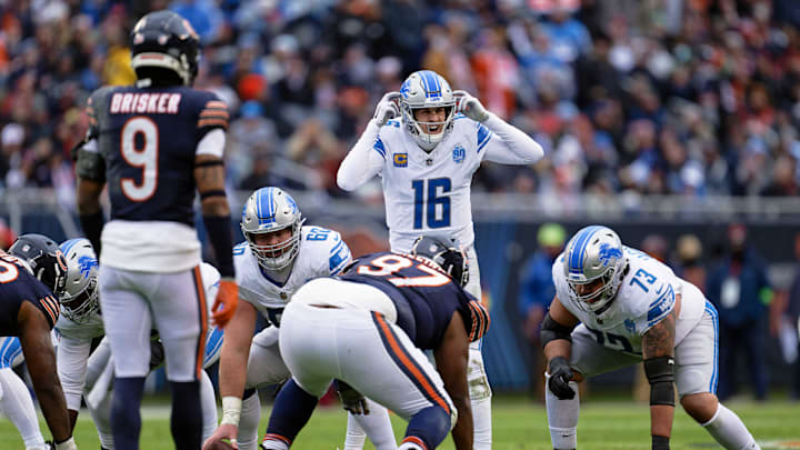 Dec 10, 2023; Chicago, Illinois, USA; Detroit Lions quarterback Jared Goff (16) calls signals at the line against the Chicago Bears at Soldier Field. Mandatory Credit: Jamie Sabau-Imagn Images Dec 10, 2023; Chicago, Illinois, USA; Detroit Lions quarterback Jared Goff (16) calls signals at the line against the Chicago Bears at Soldier Field. Mandatory Credit: Jamie Sabau-Imagn Images