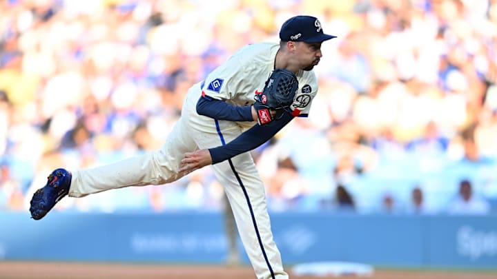 Aug 16, 2025; Los Angeles, California, USA; Los Angeles Dodgers pitcher Blake Snell (7) throws during the first inning against the San Diego Padres at Dodger Stadium. Mandatory Credit: William Liang-Imagn Images Aug 16, 2025; Los Angeles, California, USA; Los Angeles Dodgers pitcher Blake Snell (7) throws during the first inning against the San Diego Padres at Dodger Stadium. Mandatory Credit: William Liang-Imagn Images