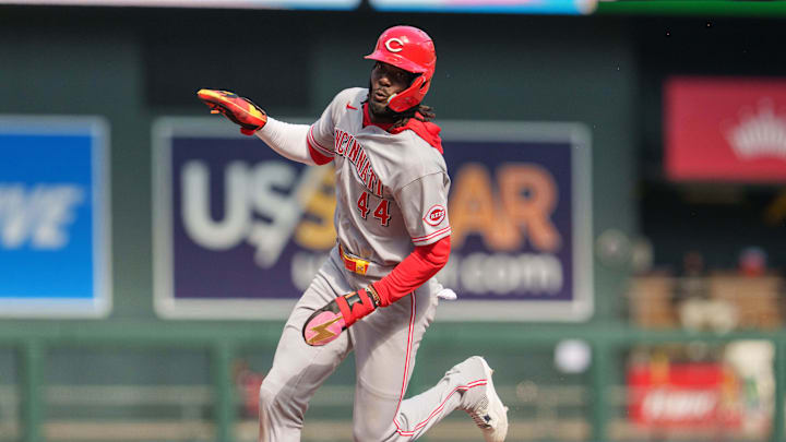 Apr 19, 2026; Minneapolis, Minnesota, USA; Cincinnati Reds shortstop Elly de la Cruz (44) rounds third base and will score against the Minnesota Twins in the tenth inning at Target Field. Mandatory Credit: Matt Blewett-Imagn Images