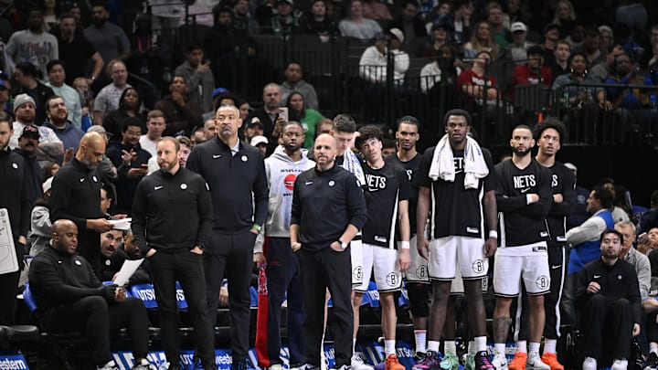 Dec 12, 2025; Dallas, Texas, USA; The Brooklyn Nets team bench looks on during the second half against the Dallas Mavericks at the American Airlines Center. Mandatory Credit: Jerome Miron-Imagn Images Dec 12, 2025; Dallas, Texas, USA; The Brooklyn Nets team bench looks on during the second half against the Dallas Mavericks at the American Airlines Center. Mandatory Credit: Jerome Miron-Imagn Images