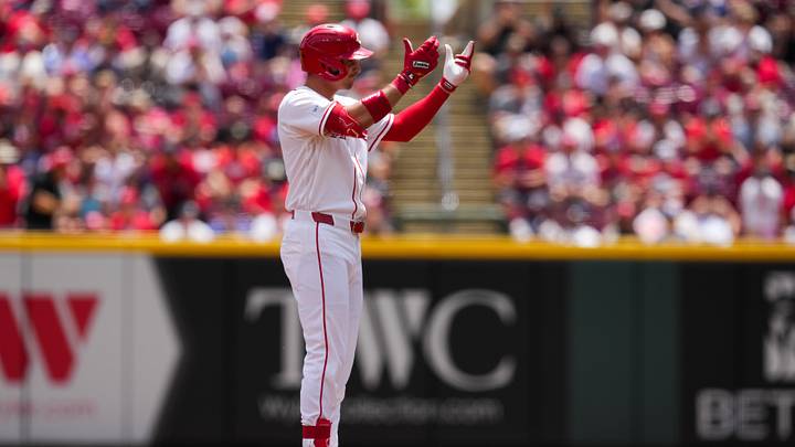 May 31, 2026; Cincinnati, Ohio, USA; Cincinnati Reds outfielder JJ Bleday gestures after hitting an RBI double against the Atlanta Braves in the first inning at Great American Ball Park. Mandatory Credit: Aaron Doster-Imagn Images May 31, 2026; Cincinnati, Ohio, USA; Cincinnati Reds outfielder JJ Bleday gestures after hitting an RBI double against the Atlanta Braves in the first inning at Great American Ball Park. Mandatory Credit: Aaron Doster-Imagn Images