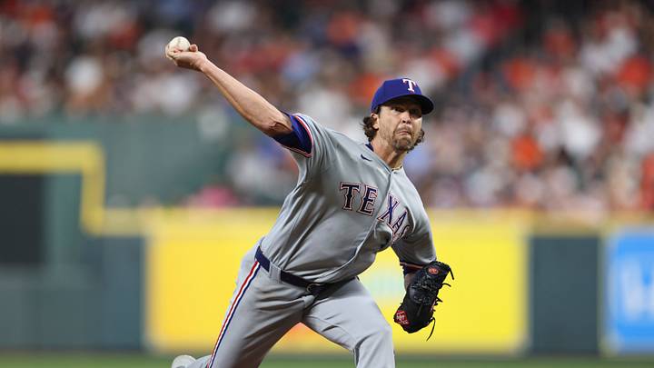 Aug 1, 2026; Houston, Texas, USA; Texas Rangers starting pitcher Jacob Degrom (48) delivers a pitch during the second inning against the Houston Astros at Daikin Park. Mandatory Credit: Troy Taormina-Imagn Images