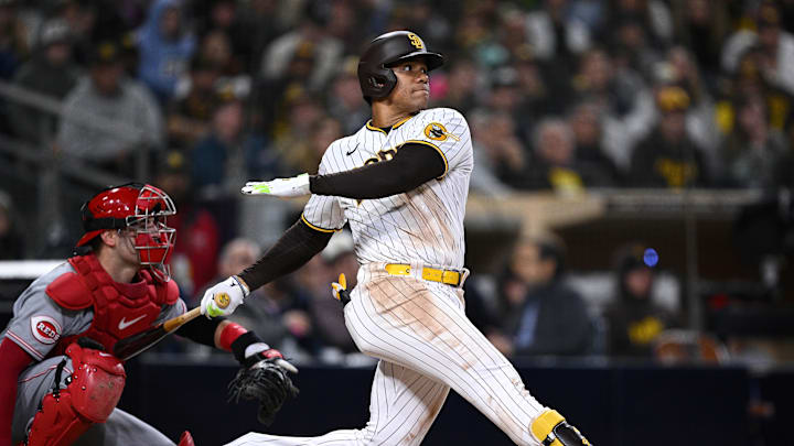 May 2, 2023; San Diego, California, USA; San Diego Padres left fielder Juan Soto (22) hits a double
