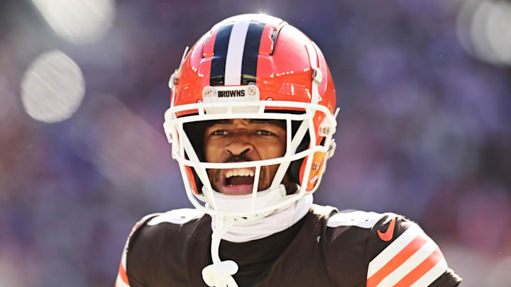 Cleveland Browns cornerback Greg Newsome II celebrates during the second half against the Baltimore Ravens.
