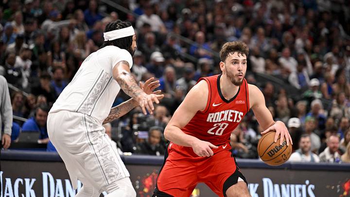 Feb 8, 2025; Dallas, Texas, USA; Dallas Mavericks forward Anthony Davis (3) and Houston Rockets center Alperen Sengun (28) in action during the game between the Dallas Mavericks and the Houston Rockets at the American Airlines Center. Mandatory Credit: Jerome Miron-Imagn Images