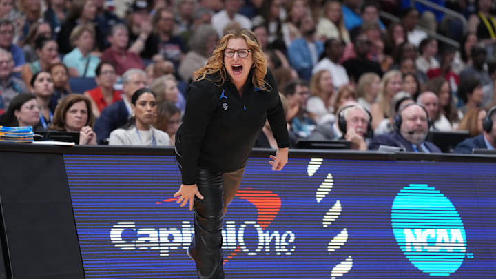Apr 4, 2025; Tampa, FL, USA;  UCLA Bruins head coach Cori Close reacts during first quarter in a semifinal of the women's 2025 NCAA tournament against the Connecticut Huskies at Amalie Arena. Mandatory Credit: Kirby Lee-Imagn Images
