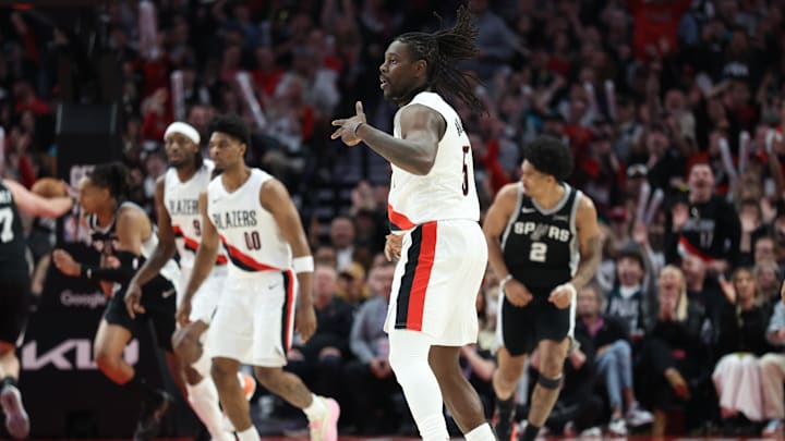 Apr 24, 2026; Portland, Oregon, USA; Portland Trail Blazers guard Jrue Holiday (5) reacts after making a three-point shot against the San Antonio Spurs during the second half during game three of the first round of the 2026 NBA Playoffs at Moda Center. Mandatory Credit: Jaime Valdez-Imagn Images