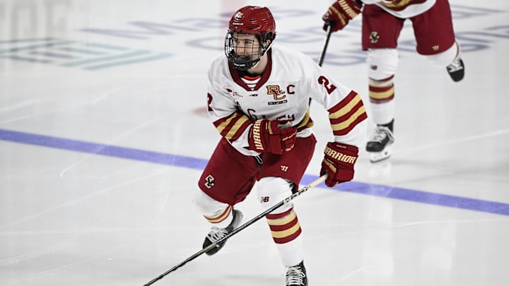 Feb 28, 2025; Chestnut Hill, MA, USA; Boston College defenseman Eamon Powell (2) warms up before the game against the University of New Hampshire at Conte Forum. Mandatory Credit: Eric Canha-Imagn Images