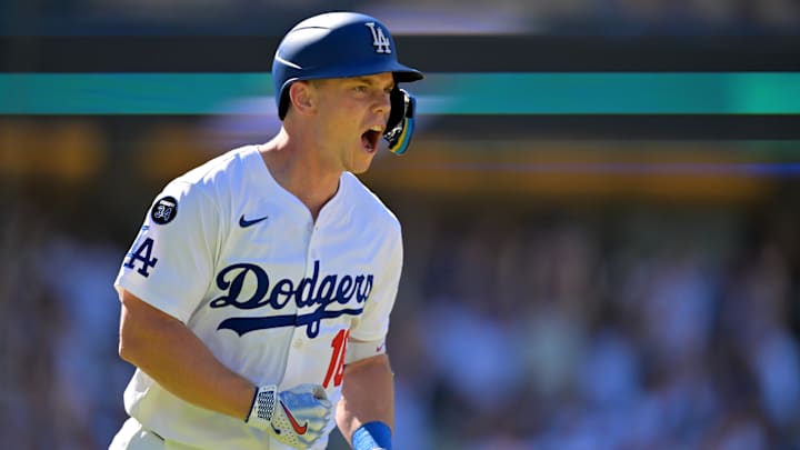 Aug 31, 2025; Los Angeles, California, USA;  Los Angeles Dodgers catcher Will Smith (16) celebrates as he rounds the bases on a walk-off home run in the ninth inning against the Arizona Diamondbacks at Dodger Stadium. Mandatory Credit: Jayne Kamin-Oncea-Imagn Images