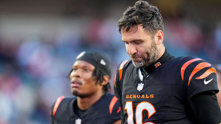 Nov 23, 2025; Cincinnati, Ohio, USA; Cincinnati Bengals quarterback Joe Flacco (16) walks for the locker room after the fourth quarter  at Paycor Stadium. Mandatory Credit: Sam Greene-USA TODAY Network via Imagn Images