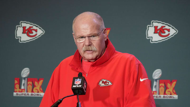 Feb 4, 2025; New Orleans, LA, USA;  Kansas City Chiefs head coach Andy Reid at a press conference in advance of Super Bowl LIX at New Orleans Marriott. Mandatory Credit: Kirby Lee-Imagn Images