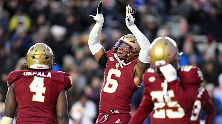 Nov 30, 2024; Chestnut Hill, Massachusetts, USA; Boston College Eagles defensive end Donovan Ezeiruaku (6) reacts after a sack against the Pittsburgh Panthers during the first half at Alumni Stadium. Mandatory Credit: Brian Fluharty-Imagn Images