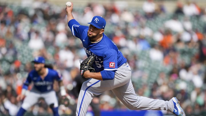 Apr 20, 2025; Detroit, Michigan, USA; Kansas City Royals pitcher Carlos Estevez (53) throws against the Detroit Tigers in the 10th inning at Comerica Park. Mandatory Credit: Aaron Doster-Imagn Images