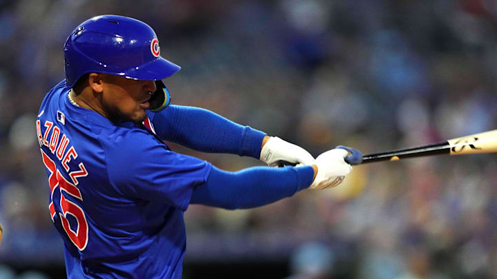 Mar 5, 2024; Surprise, Arizona, USA; Chicago Cubs shortstop Luis Vazquez (75) bats against the